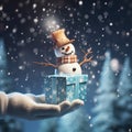 a giftbox flying over snowman's hand, magic lighting surround generated AI